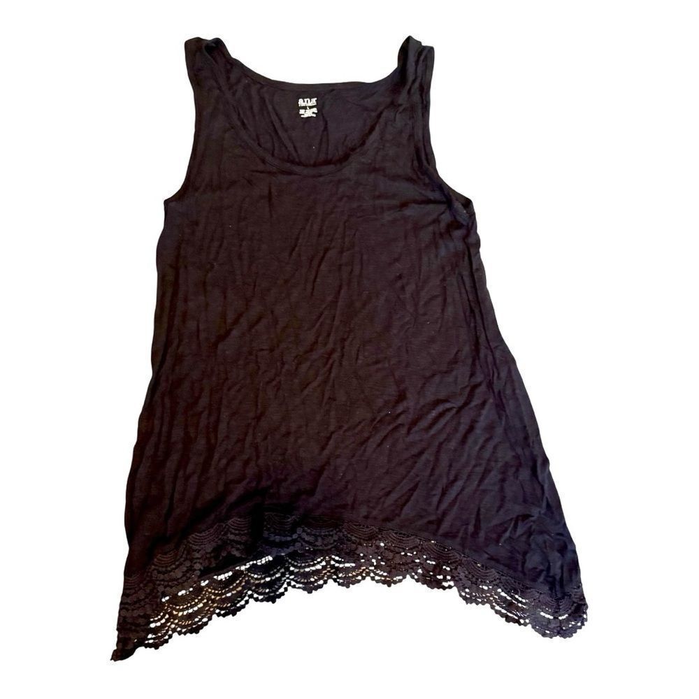 ANA Black Handkerchief Hi Low Lace Hem Tank Top Black Large